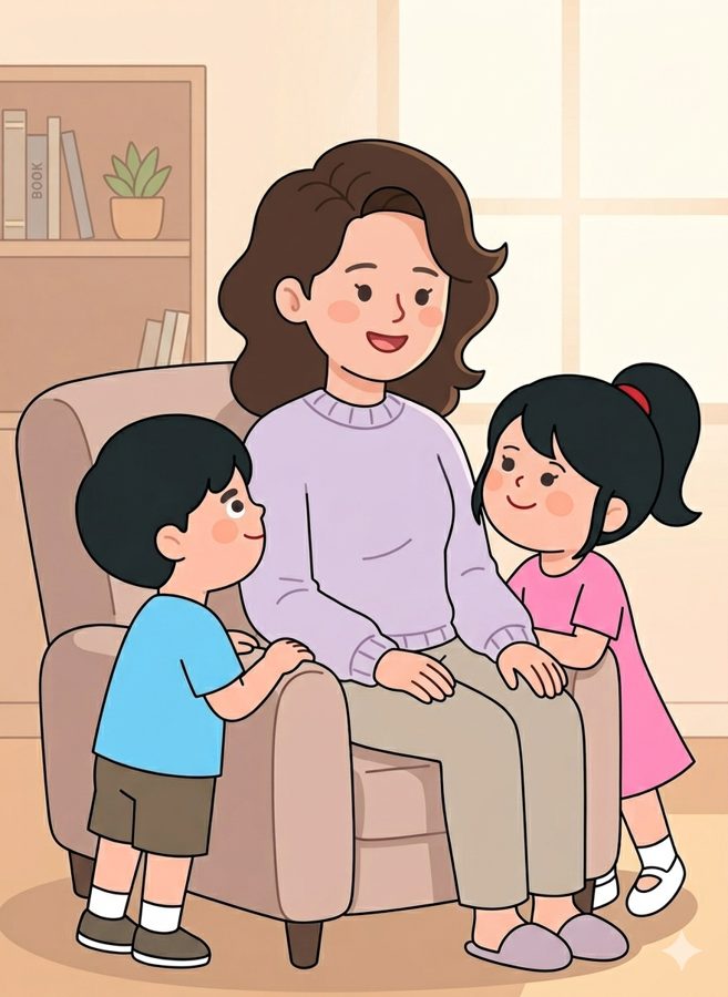 소파에 앉은 라라와 이야기하는 민호와 레아