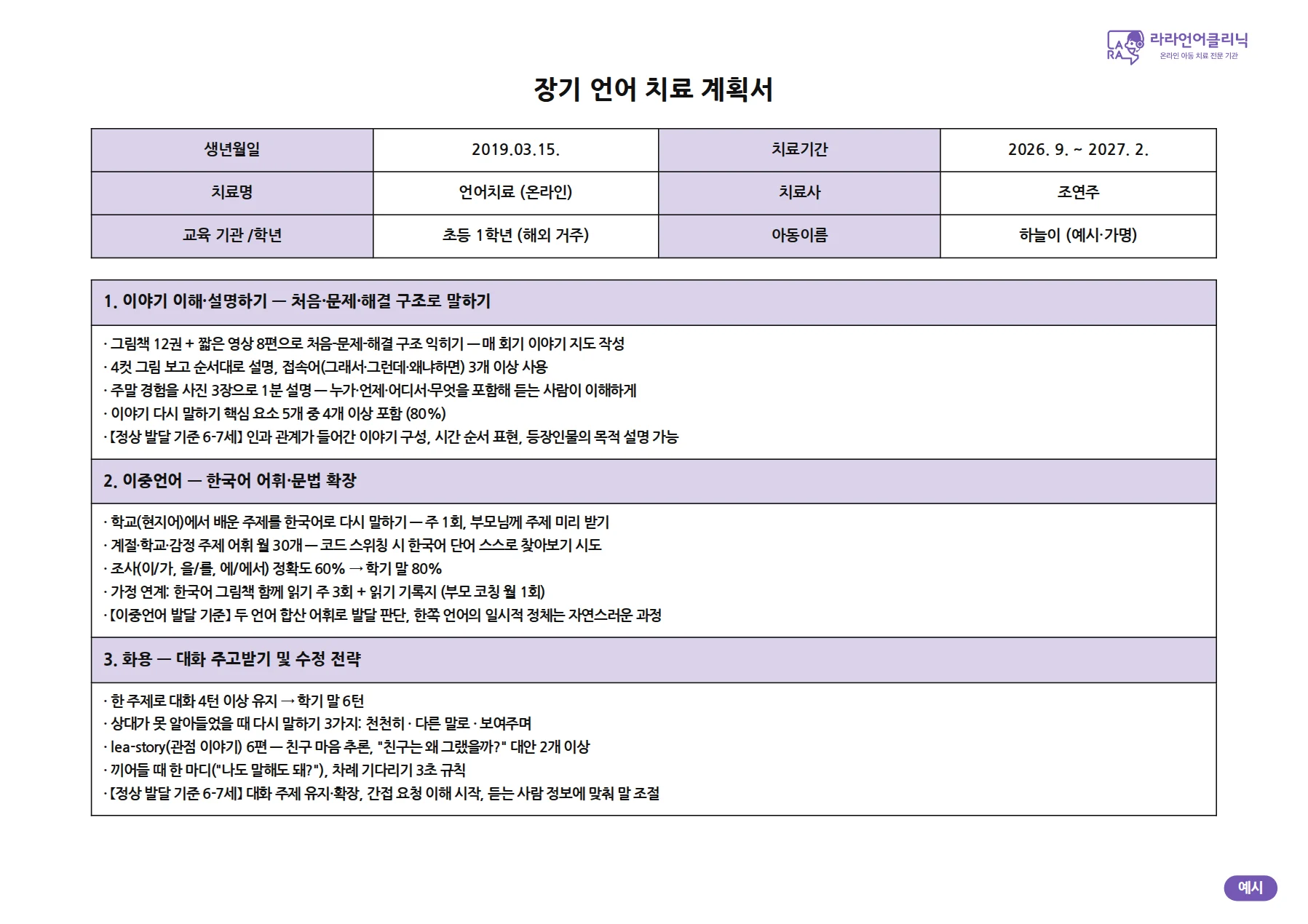 장기 언어 치료 계획서 예시: 영역별 목표와 발달 기준