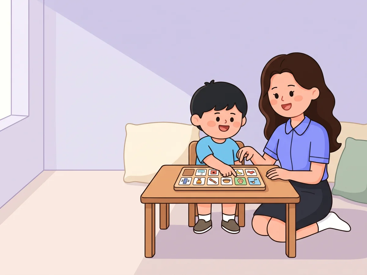 의사소통판의 그림 상징을 가리키는 민호와 곁에서 웃는 라라