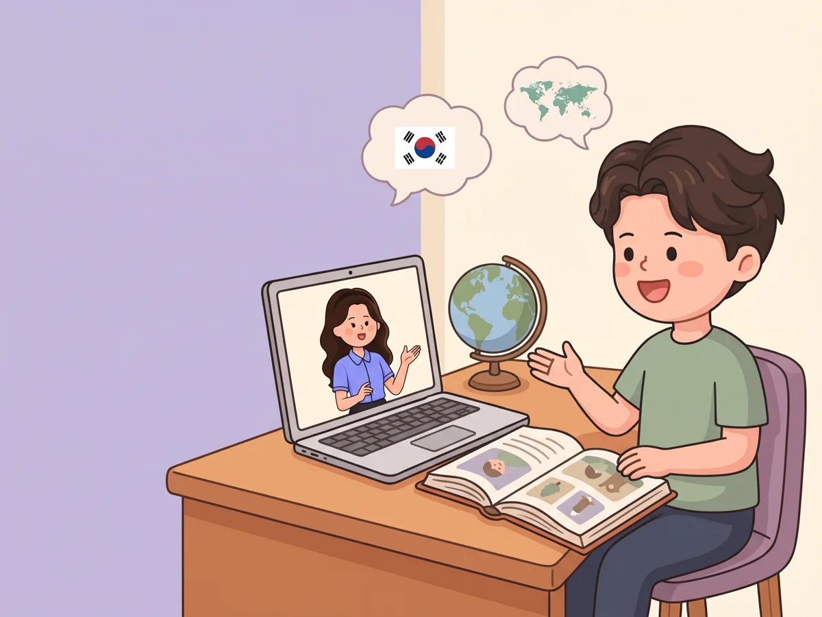 노트북 화면 속 라라와 이야기하는 레오, 책상 위 지구본과 그림책