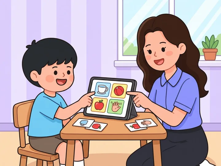 아지트에서 선생님과 나란히 앉아 태블릿 AAC로 수업하는 아이