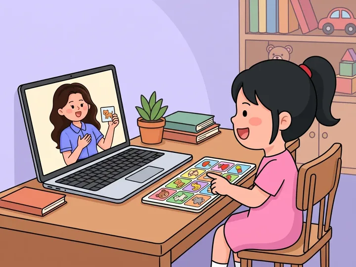 노트북 화면 속 선생님과 그림 보드로 온라인 수업을 하는 아이
