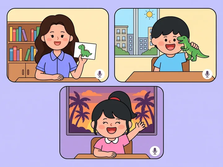 줌 화면 하나에서 선생님과 두 아이가 함께하는 짝 수업